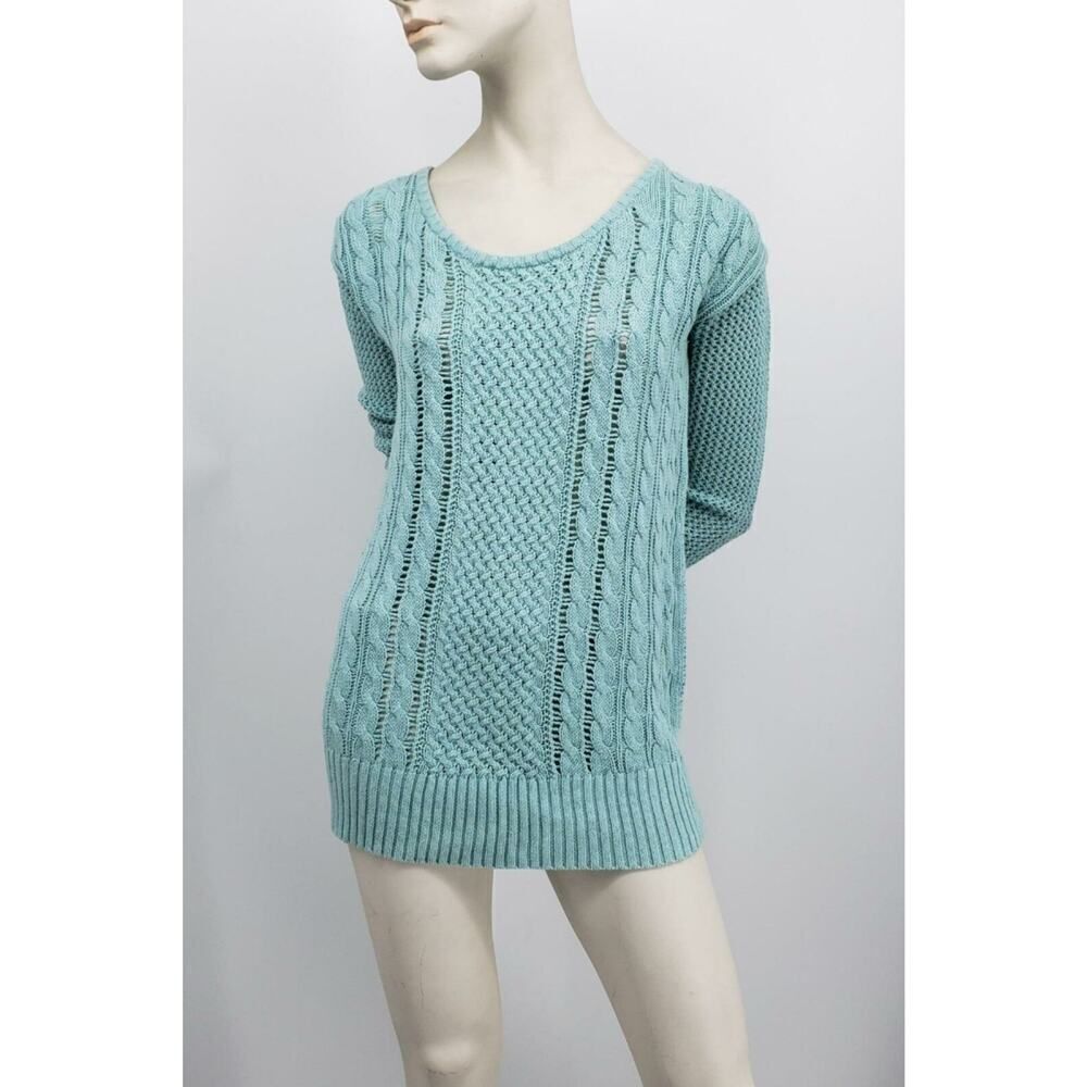 Mossimo Open Knit Tunic Sweater Women's Size Medium Green Scoop Neck Cable *Flaw